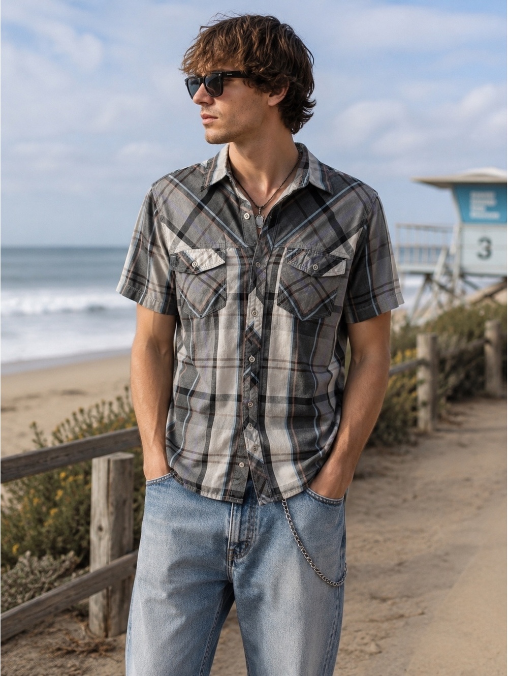 Men’s Burnside Plaid Snap Button Shirt Size Small Y2K Skater Grunge Surf Preppy